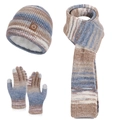 Ensemble d'hiver en tricot avec bonnet écharpe rayés et gants tactiles en bleu et violet - Ensemble trois pièces / Café