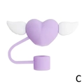 Purple heart-shaped silicone straw cover with white wings and connector strap - Purple