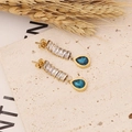 Detail of gold earrings with blue teardrop crystals and rectangular gems on stone - Blue Teardrop Gemstone Rhinestone Earrings (Earrings #3)