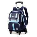 Dark blue lightweight rolling school bag with six wheels and adjustable trolley - 6-Wheel Trolley (Stair Climbing) / Dark Blue with Sky Blue