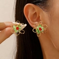 Vintage gold hollow flower earrings with green stones and red beads for women - Green Gravel Red Bead Decorated Flower Studs / Green Red Color Gold Studs (18k Gold 4610)