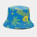 Detail of blue bucket hat with yellow abstract skull and green leaf pattern texture - M / 7# Blue Abstract Print
