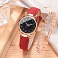 Elegant starry sky watch set with red leather strap and sparkling rhinestone bracelet - Arabic Numeral Watch And Bracelet / Red