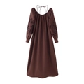 Deep brown long sleeve dress with hollow lace embroidery and back tie detail - XS / Coffee