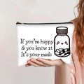 Detail of canvas makeup bag with cartoon medicine prints and black zipper handle - Happy Pills Funny Quote Style (jiayingpbb0278)