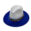 Fashionable two-tone wool fedora with white crown, blue wide brim and leopard print band - White Blue Patchwork