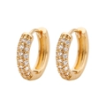 Close-up of golden huggie earrings with micro-paved rows of clear cubic zirconia crystals - Gold/White Zirconia