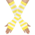 Detail of yellow and white striped knitted fingerless arm sleeves shown in cross-arm pose - One Size / Yellow White Stripes