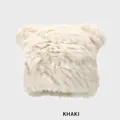 Süße khakifarbene Plüschmütze mit Pandachren aus warmem Kunstfell für den Winter - M (54-58cm) / Khaki