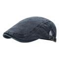 Vintage dark grey washed denim flat cap with adjustable side buckle on white background - Adjustable / Navy Blue