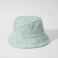 Close-up of fuzzy knit bucket hat showing colorful mohair texture and striped pattern - Mint Green