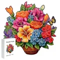 Irregular wooden puzzle featuring vibrant flower basket theme with white gift box - F20 Floral Basket - Size S