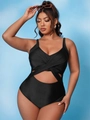 Detail of plus size black monokini featuring cross halter neck and cutout design - Black