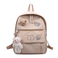 Beige corduroy rugzak met schattige berenhanger en badges voor schoolmeisjes - Enkele Tas (Zonder Hanger/Badge) / Wit