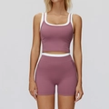 Two-piece yoga set with racerback top and high waist shorts in rose pink and white - S / Top And Bottom (Tank Top + Shorts) / Violet