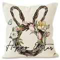 Happy Easter linen pillowcase featuring bunny ear wreath with flowers and butterfly - Happy Easter Rabbit Wreath