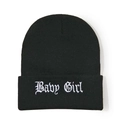 Close-up of Baby Girl embroidery on black knitted beanie with ribbed texture - M (56-58cm) / Black