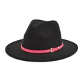 Detail of black wool fedora hat featuring a bright pink belt and golden metal buckle - M(56-58cm) / Black