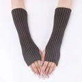 Close-up of dark brown ribbed knit arm warmers with a fingerless long design - Dark Gray