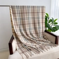 Detailed view of checkered cashmere-feel scarf with elegant fringes on armchair - Khaki (WT143-2) / 200cmX70cm
