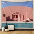 Detail view of a 3D landscape tapestry with pink arches and a swimming pool on a wall - 73X95CM/Brushed Fabric / Dreamy Pink Arch-CX202133