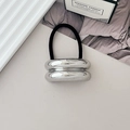 Minimalist elastic hair tie featuring dual shiny silver oval metallic ornaments - Style F Silver