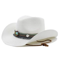 Détail d'un chapeau de cowboy blanc avec perles ethniques, glands gris et mentonnière - M (56-58cm) / Blanc Pur