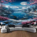Tapiz decorativo de paisaje invernal con montañas nevadas, cisnes y una cabaña de madera - 150x130cm / Montaña Nevada Luna Lago