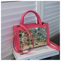 Bolso rosa con lentejuelas brillantes, detalles metálicos redondos y correa de cuero - Rosa Rojo