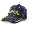 Berretto da baseball vintage in denim con toppe Florida USA in strass e borchie blu - Regolabile / Blu Lavato Scuro