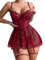Sexy dark red lace lingerie set with sheer mesh babydoll and adjustable straps - Burgundy