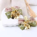 Christmas bow ornament with gold bells and dark green linen ribbon for tree decor - Christmas Bow 1