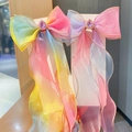 Rainbow gradient organza bow hair clips with gold edges and pink gemstone center - Set Rainbow And Purple With Gemstone