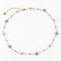 Gold-plated woven floral necklace with white and blue beads and heart-shaped pendant - Necklace / Blue and White Floral