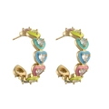 Colorful enamel heart C-shaped gold-plated hoop earrings with sparkling heart-cut zircons - 1 Pair / Multi-color