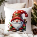 Detail of watercolor Christmas gnome pillowcase with red hat and candy cane design - CDR381-16