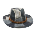 Blue denim patchwork sun hat with brown wooden beads and decorative stitching design - One Size / Black (Denim Brown Wood Beads)