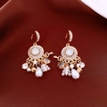 French court style gold earrings with white woven rings, pearls, and crystal key charms - 70# Ear Hook-White-Vintage Woven Pearl Key
