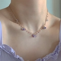 Elegant floral beaded necklace with purple charms and gold chain shown on a model - Purple Flower Gold Chain (13#)