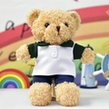 Adorable teddy bear plush toy wearing white polo shirt and navy pants for gift - 30 cm / Green and White