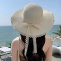 Cream wide-brim straw sun hat with delicate lace bow detail for summer beach vacations - Large Brim Binding Creamy White