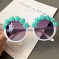 White round sunglasses with mint green resin roses and purple lenses for beach vacations - No. 21 (Mint Green Rose)