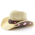 Straw western cowboy hat with floral rose embroidery and brown leather band - M (56-58cm) / Beige
