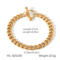 Macro shot of gold stainless steel Cuban chain bracelet with OT toggle clasp and dimensions - Gold Cuban Chain OT Clasp Bracelet (HC-B20169)