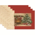 Set of 4 Christmas placemats with festive fireplace and tree illustrations on red and beige fabric - Style 26