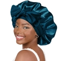 Dark blue satin sleep cap for women featuring a large decorative bow and elastic band - One Size / Dark Green