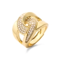Macro shot of 18K gold plated ring with micro-paved cubic zirconia in a twisted design - Adjustable Open / Gold Cross Knot