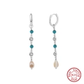 Elegant 925 sterling silver drop earrings with turquoise beads and shell charms - Long Zirconia Shell Drop - Silver