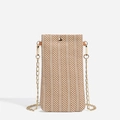 Brown and white herringbone straw phone bag with gold chain and snap closure - Chain Style / Chestnut