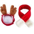 Ensemble de Noël pour animaux avec serre-tête renne marron et écharpe en peluche rouge - S / Serre-tête Cornes de Renne + Écharpe